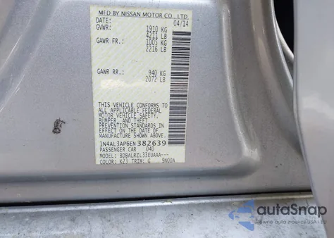 2014 Nissan Altima 2.5/2.5 S/2.5 Sl/2.5 Sv z USA, uszkodzony, nr VIN 1N4AL3AP6EN382639